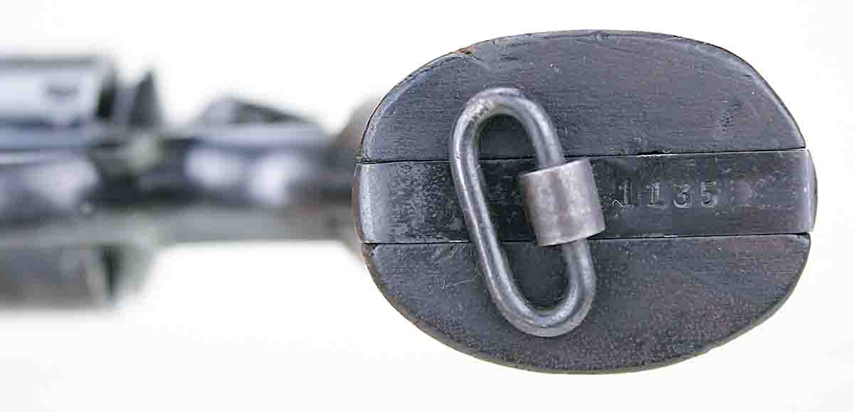 Post-World War II Hand Ejector serial numbers are read upright with the barrel pointed to the left. The serial number on this Modelo 1937 is one of the few that fall outside the two blocks of numbers that went to Brazil (the last two digits are digitally removed here).